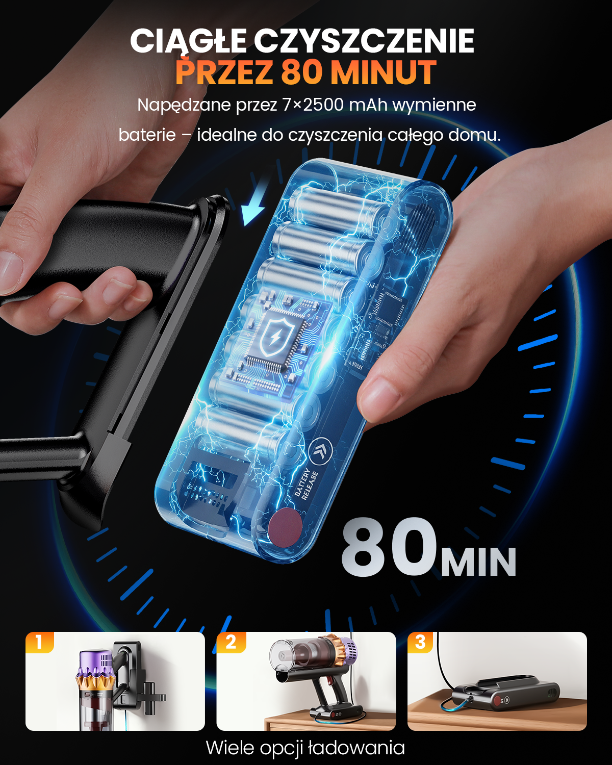 Wymienna bateria 7x2500 mAh, 80 minut pracy